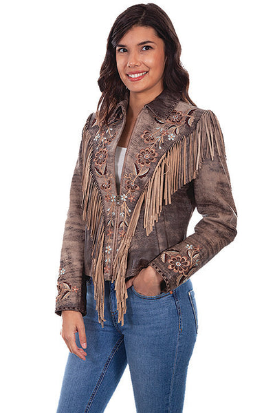 Scully Ladies' Leather Suede Jacket Fringe Floral Embroidery Brown Front