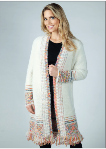 Ladies' Venario Cardigan Sweater: Fay Ivory with Fringe Bottom Border Front