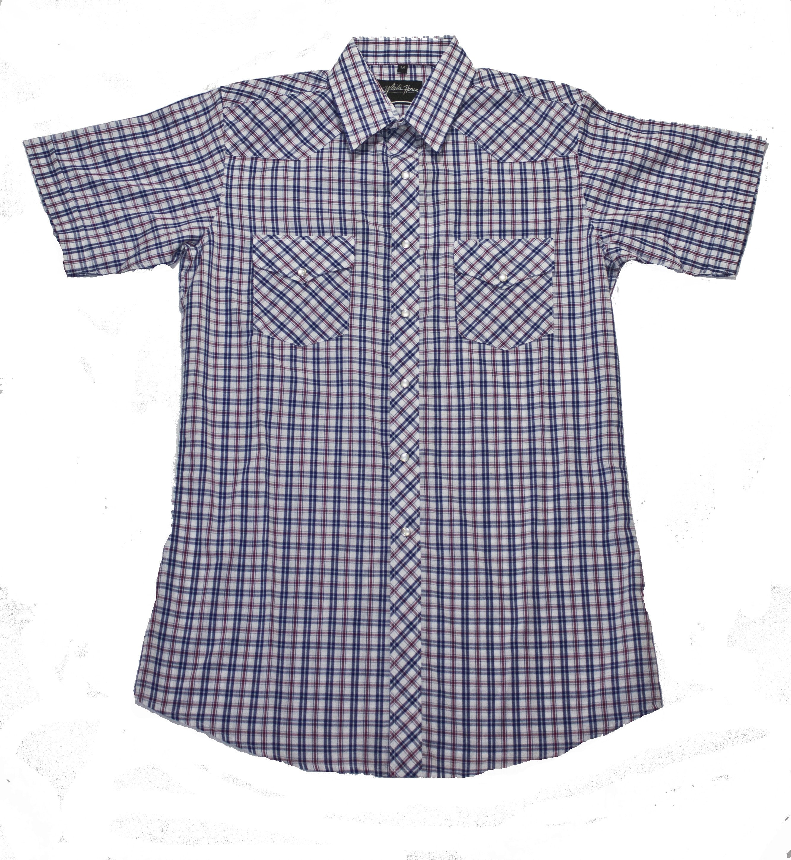 Western Shirt: White Horse Men's Short Sleeves Plaid Blue Red - OutWest ...