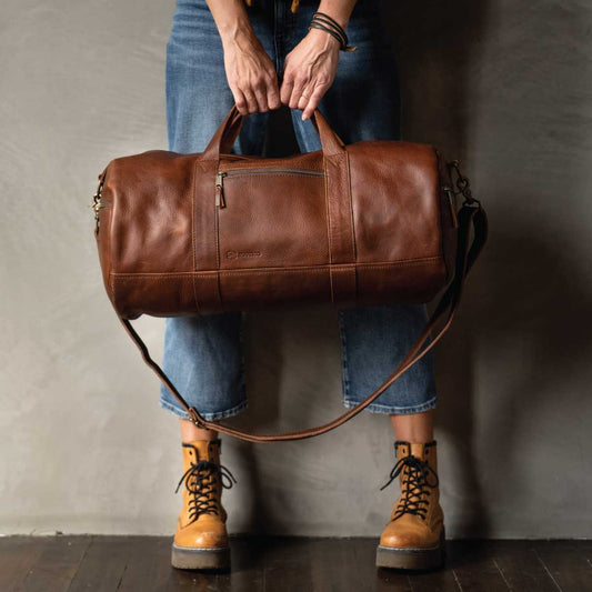 Waxed Canvas and Leather Duffle Bag - USA Crafted - Olive and Saddle