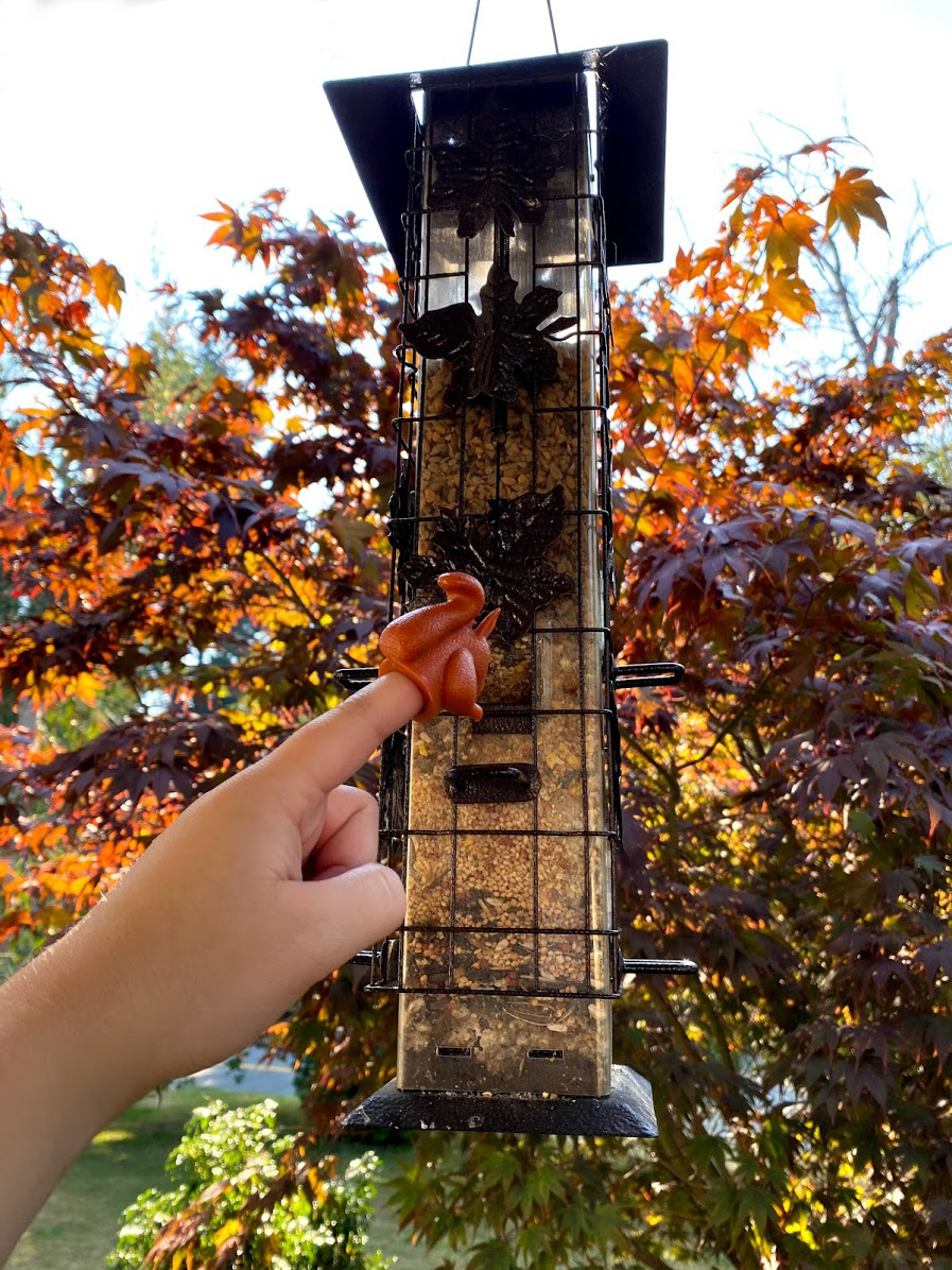 Austin the squirrel finger puppet eating from a bird feeder