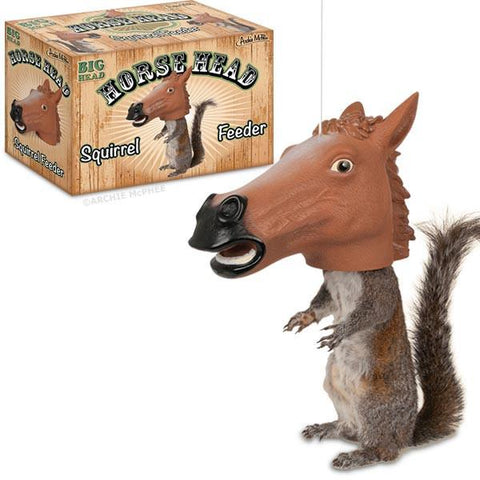Horse head squirrel feeder in front of package