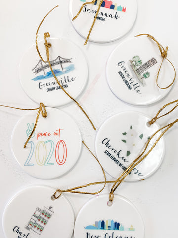 Personalized ornaments for Charleston, Charlotte, Savannah, New Orleans and Greenville.