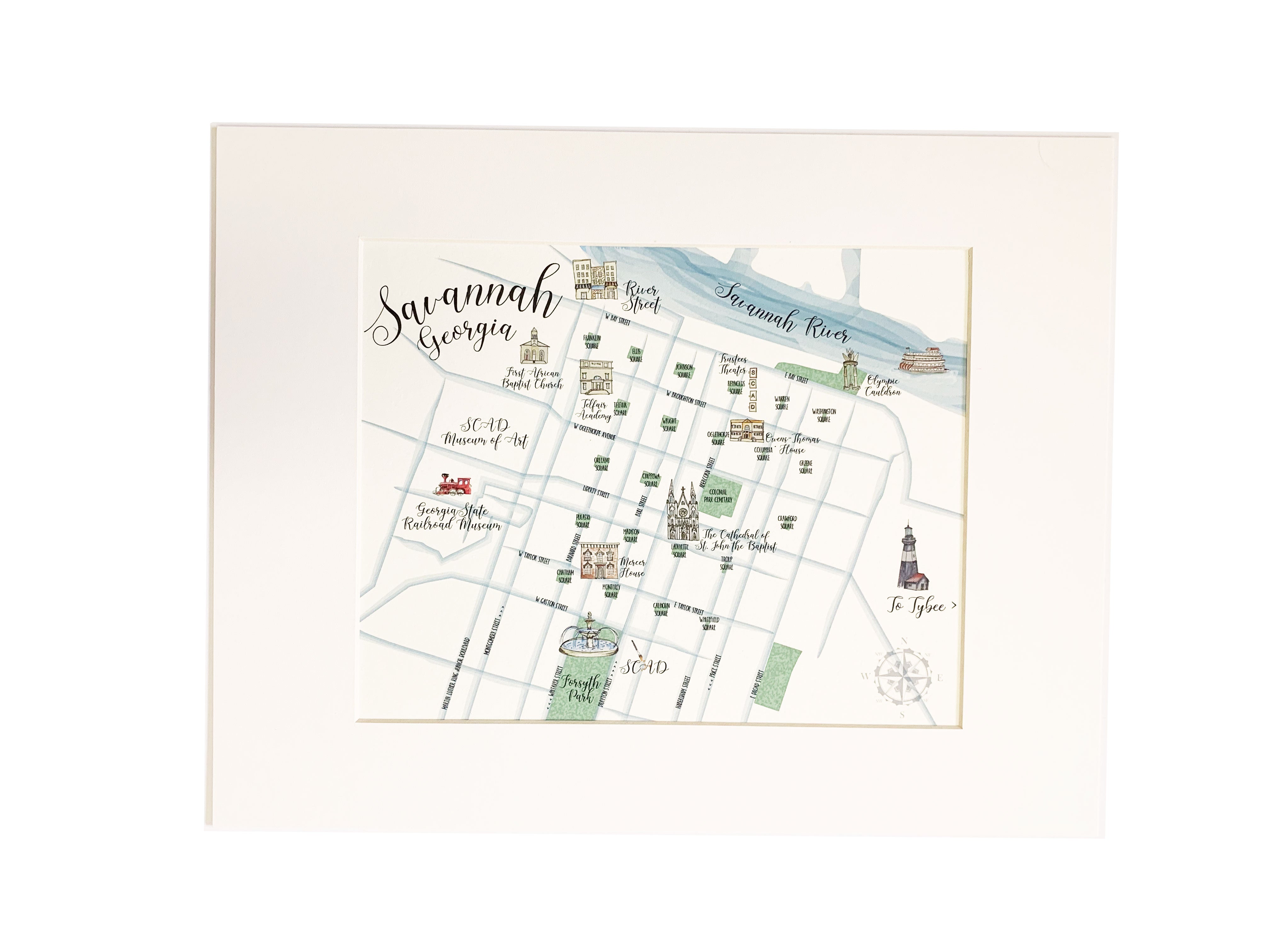 Travel inspired art - watercolor map of Savannah, GA.