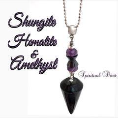 Shungite Hematite Amethyst Healing Crystal Reiki Necklace Pendant