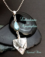 Apophyllite Labradorite Healing Crystal Reiki Pendant Silver Necklace - Spiritual Diva Jewelry