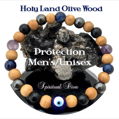 PROTECTION Evil Eye Mens Healing Crystal Reiki Olive Wood Bracelet - Spiritual Diva Jewelry