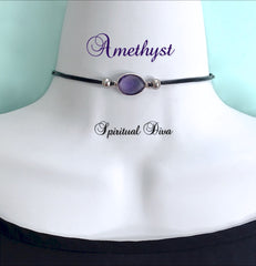 Amethyst healing crystal reiki gemstone choker leather necklace Spiritual Diva Jewelry
