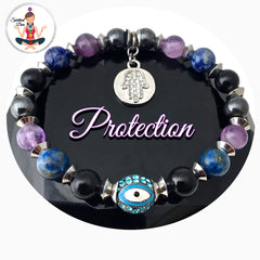 PROTECTION Energy Healing Crystal Reiki Evil Eye Hamsa Charm Bracelet - Spiritual Diva Jewelry