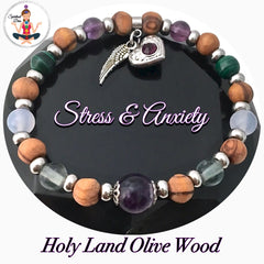Stress Anxiety Relief Energy Healing Crystal Reiki Olive Wood Angel Gemstone Bracelet - Spiritual Diva Jewelry