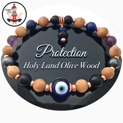 PROTECTION Energy Healing Crystal Copper Reiki Evil Eye Olive Wood Bracelet - Spiritual Diva Jewelry
