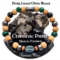 Chronic Pain Relief Healing Crystal Mens Unisex Olive Wood Bracelet -- Spiritual Diva Jewelry