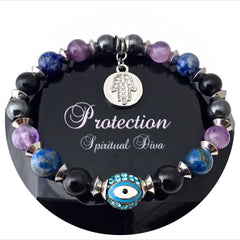 Spiritual Diva Jewelry PROTECTION Hamsa Hand Evil Eye Healing Crystal Reiki Gemstone Bracelet