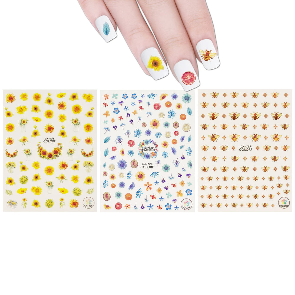 Buzzing Nature Nail Art Bees & Sunflowers Nail Stickers (3 sheets ...