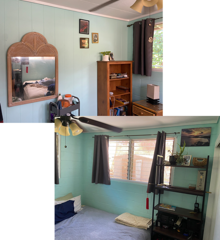 blue shiplap bedroom in maui, with a rattan mirror and various small picture frames