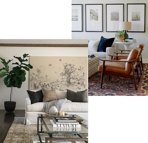 two neutral sitting rooms with large pieces of artwork visible. Both rooms have a white linen sofa and accents of brown leather or wood sat upon an antique rug