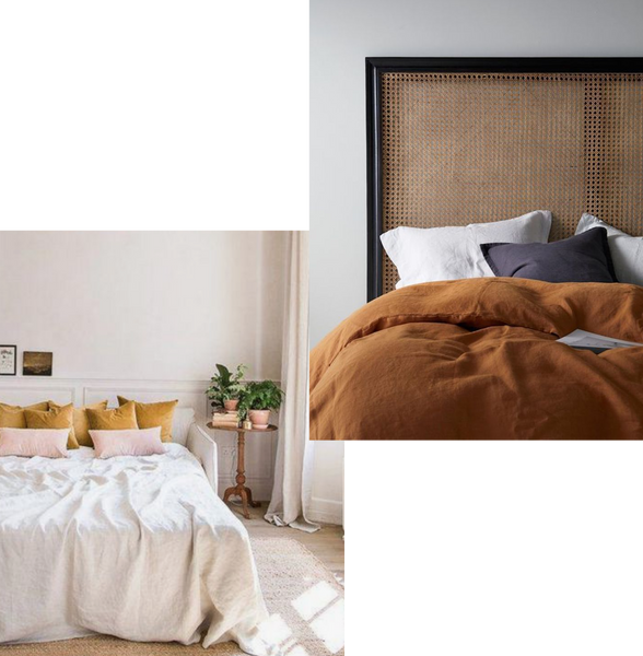 2 bedrooms, one with mustard velvet pillows on a white linen duvet, the second is a mustard linen duvet with a dark rattan headboard