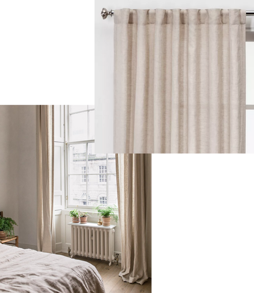 a large Victorian window in a bright room, with small plant pots sat on an old radiator and long natural linen curtains hanging on either side