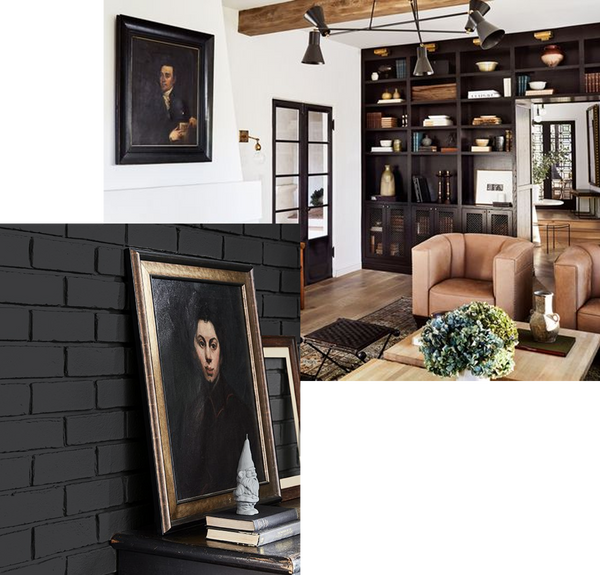 A living room with brown tones and a pot of hyacinths, designed by Jake Alexander Arnold and a painted black brick wall with an antique portrait of a woman leant against it.