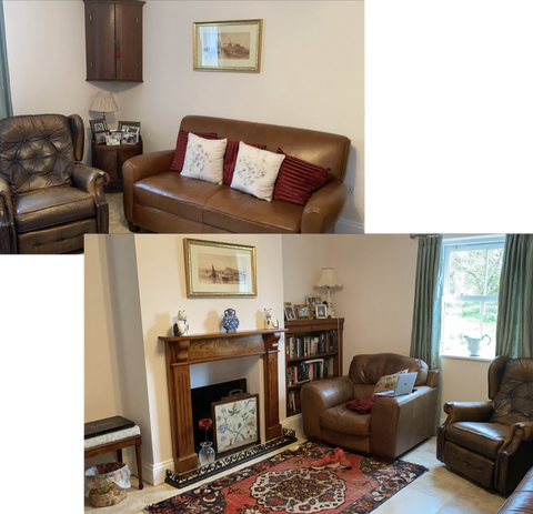 a predominantly brown living room with lots of brown leather furniture