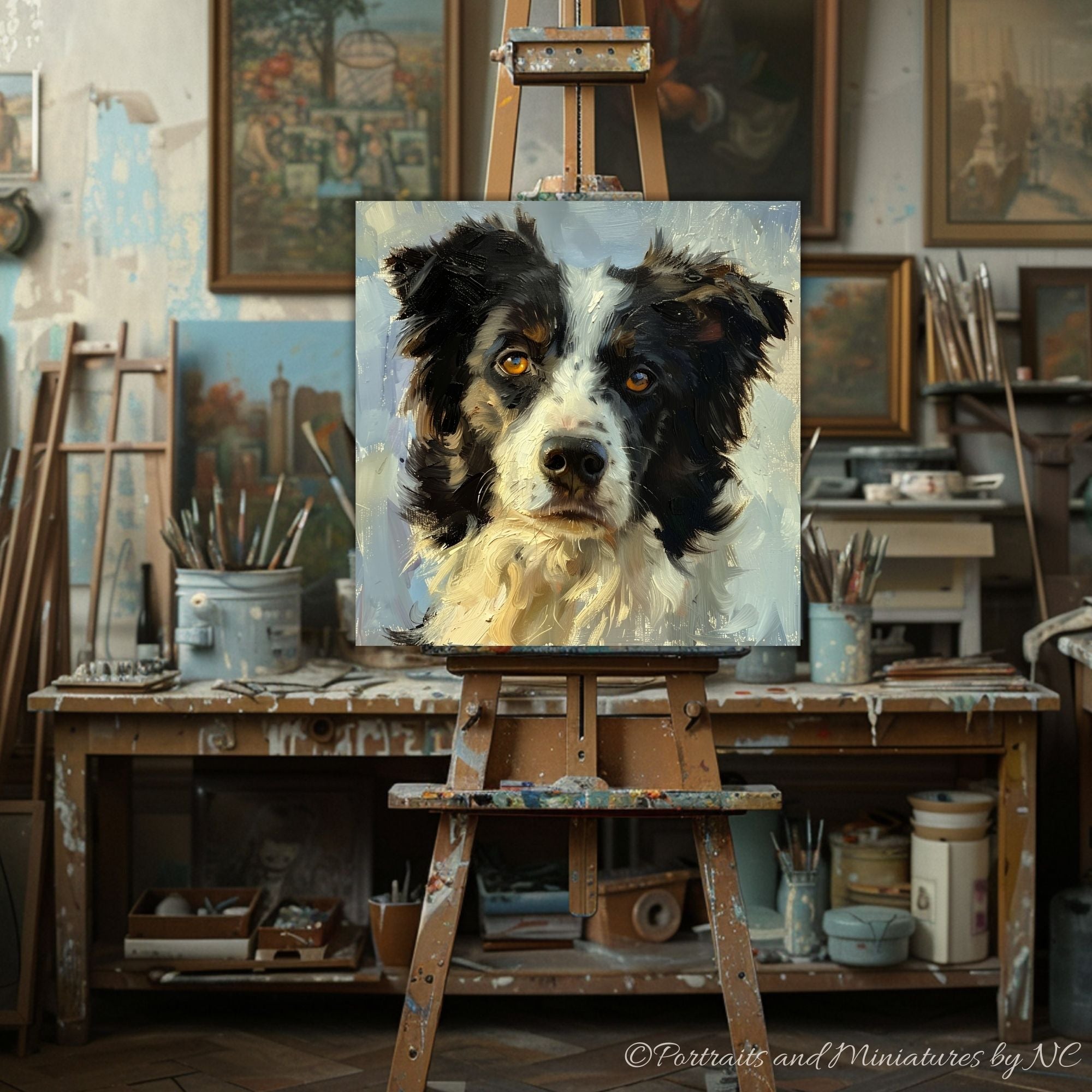 Border Collie Painting on Easel