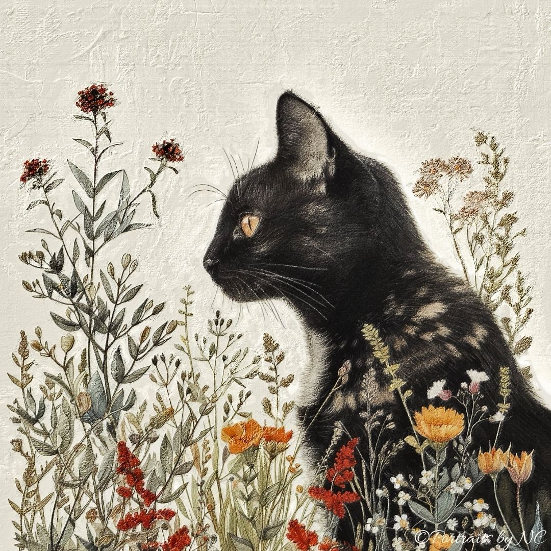 black cat in flower field painting