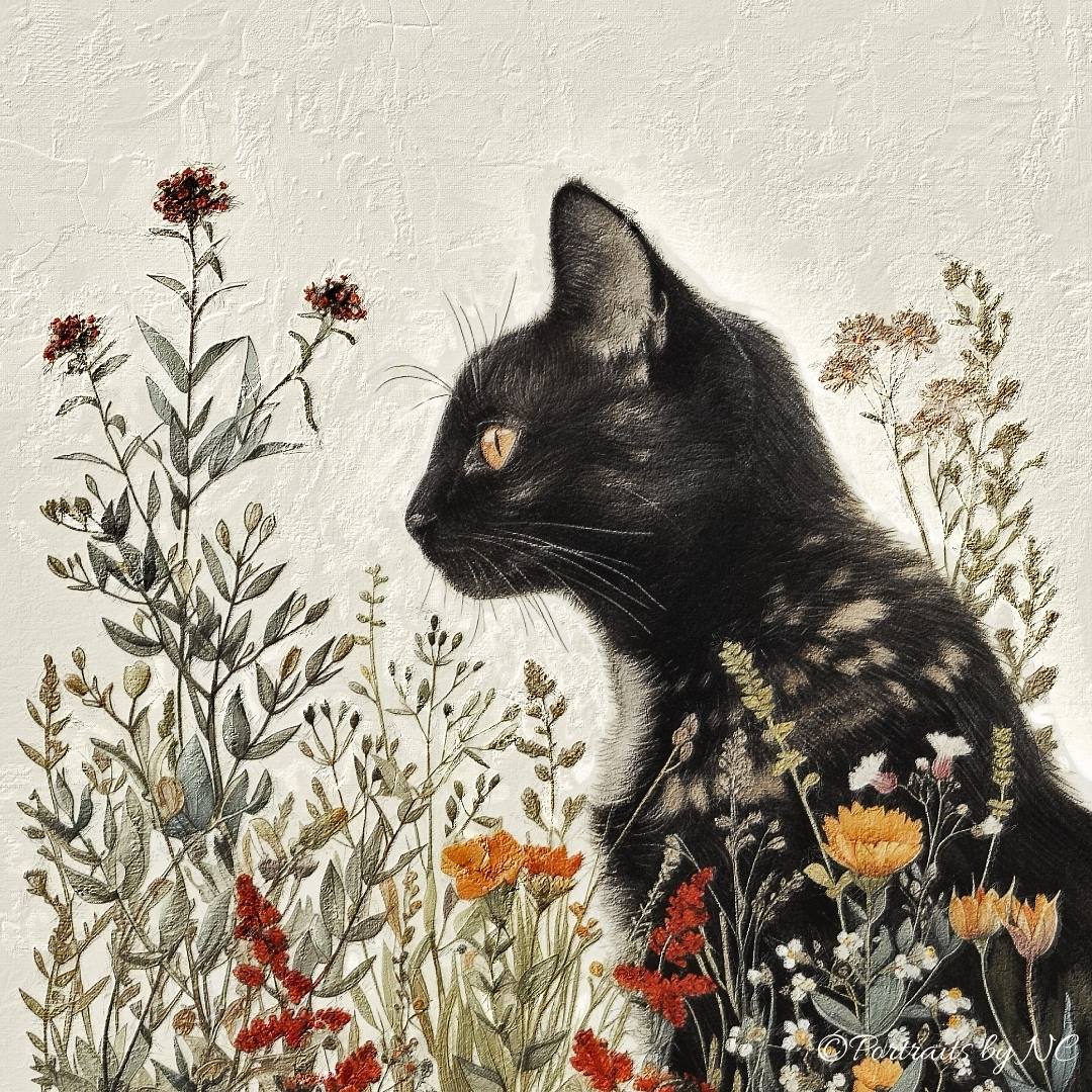 cat surrounded by flowers