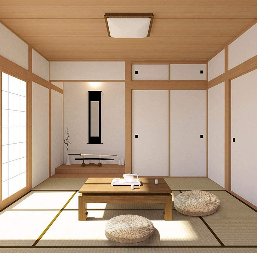 Japanisches Interieur mit Strohkissen