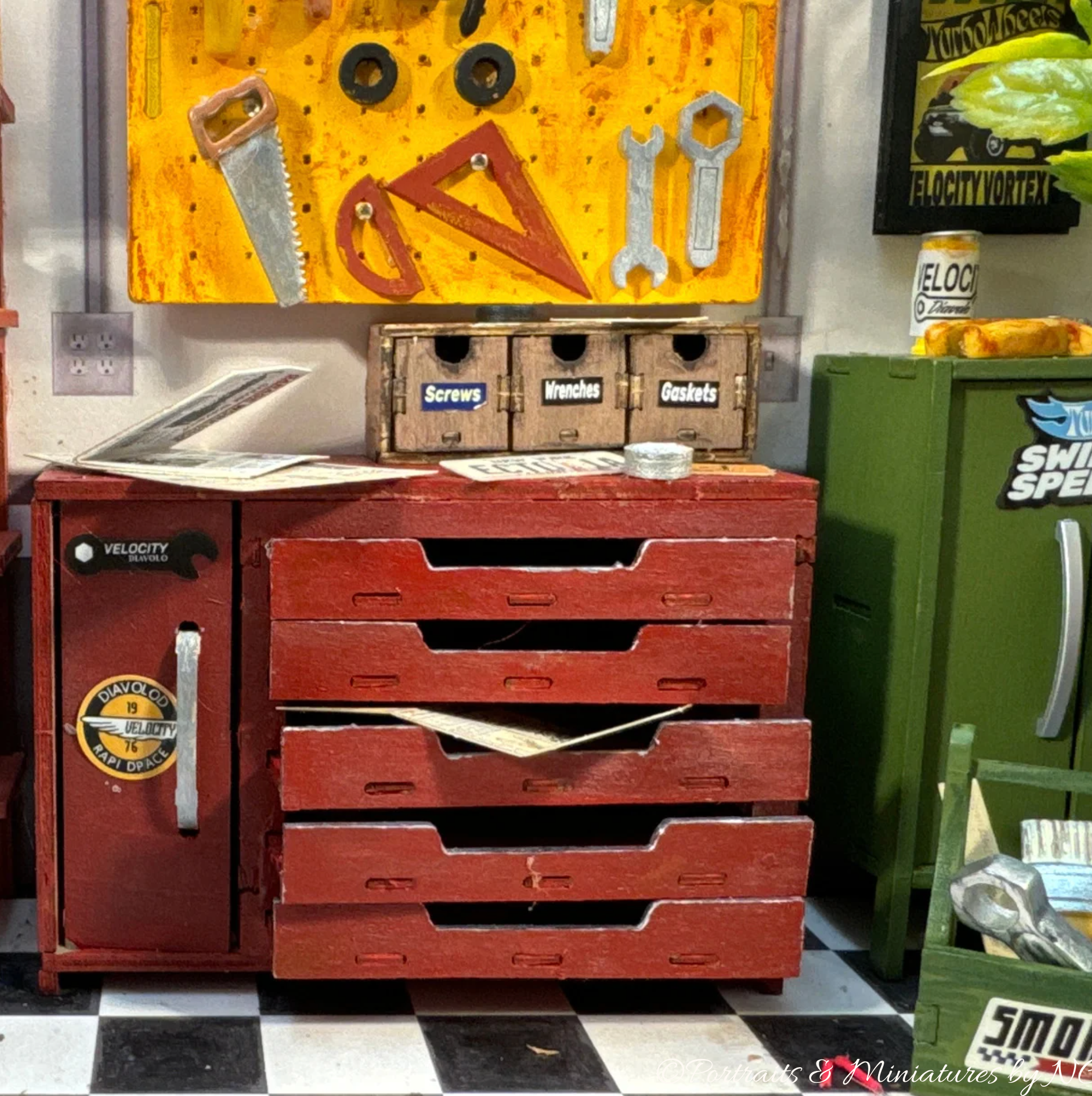 Miniature Tool Cabinet with open drawers