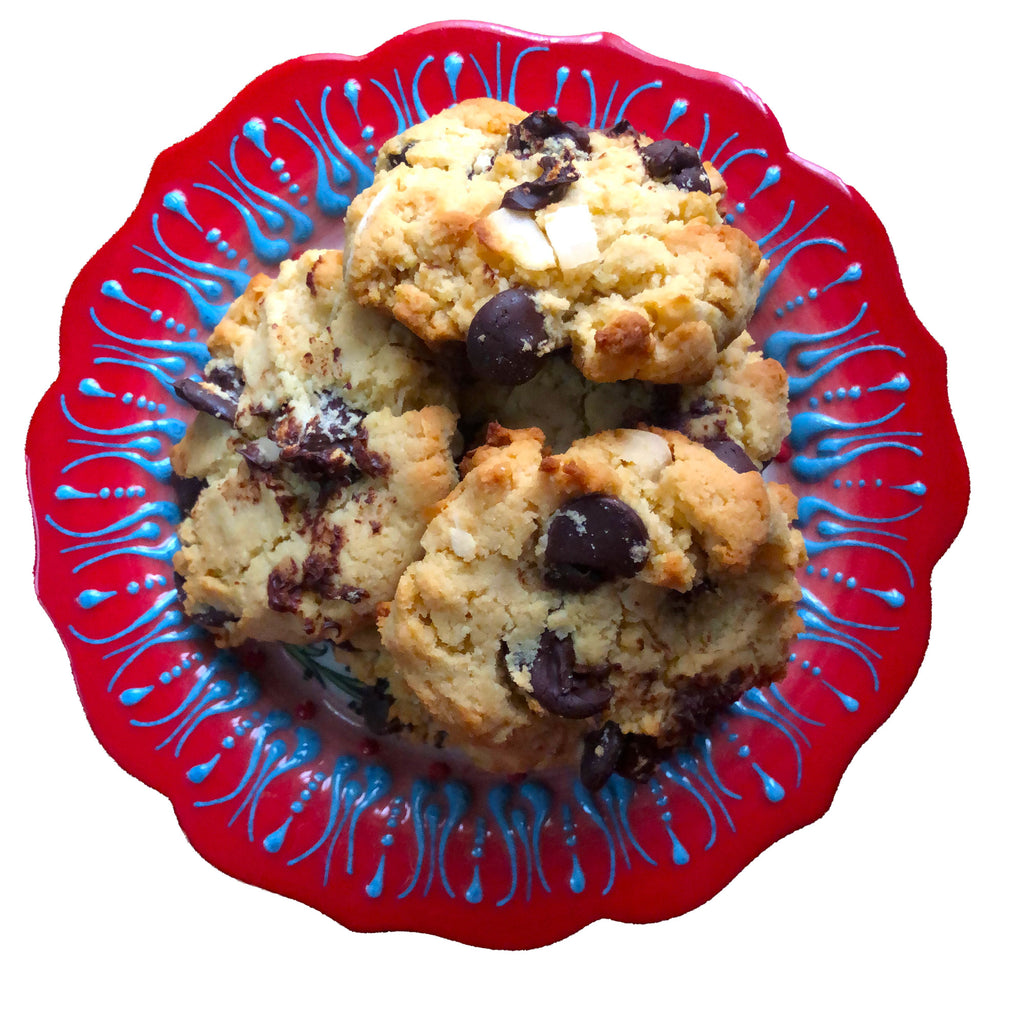 Chocolate chip cookies on red plate