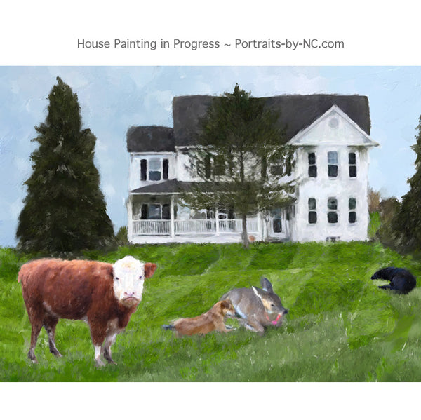 farm animals infront of house