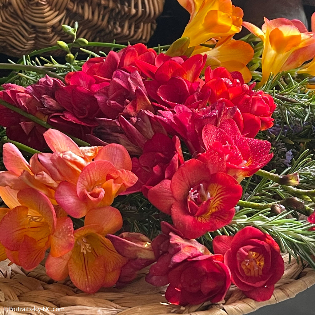 freesias in basket