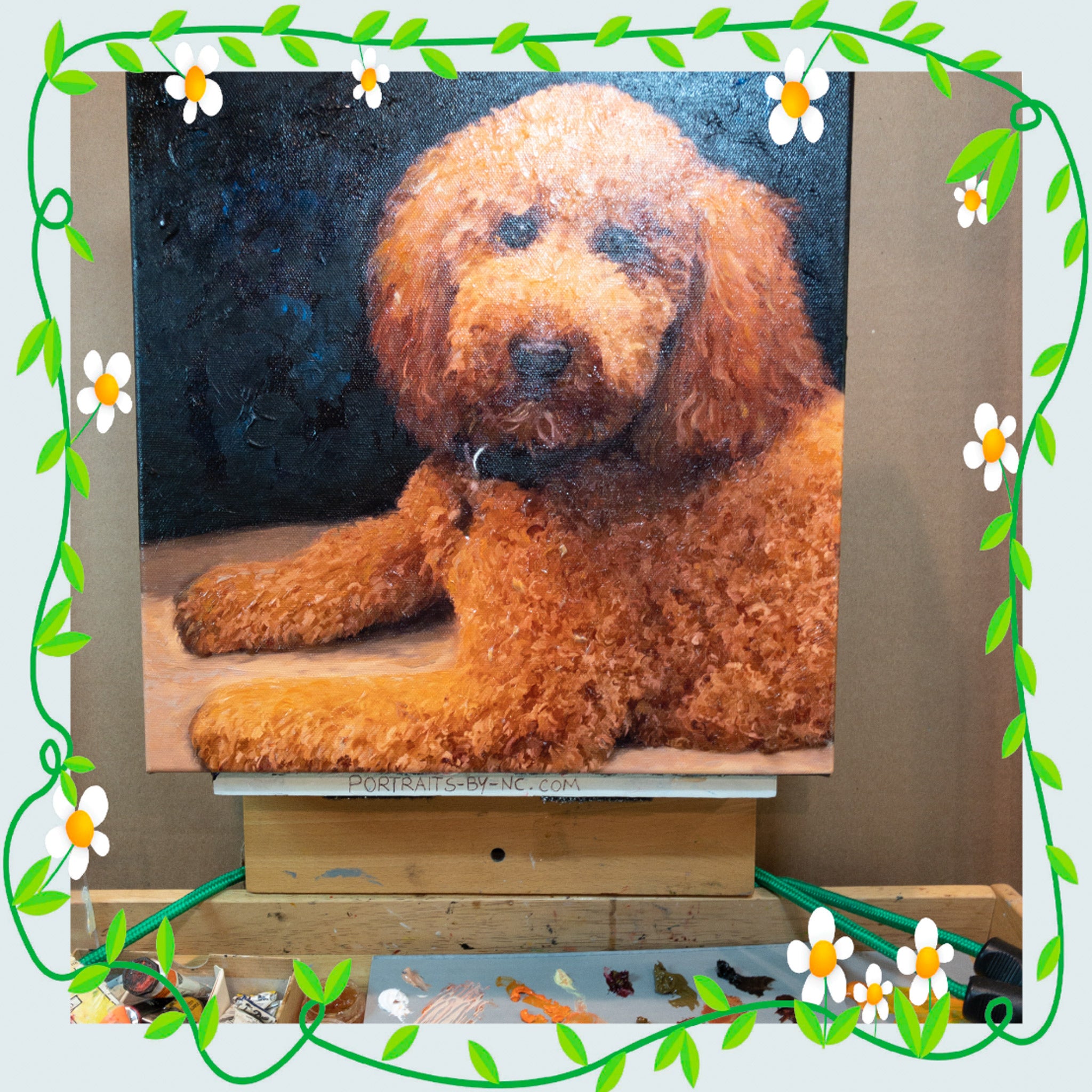 labradoodle painting on easel