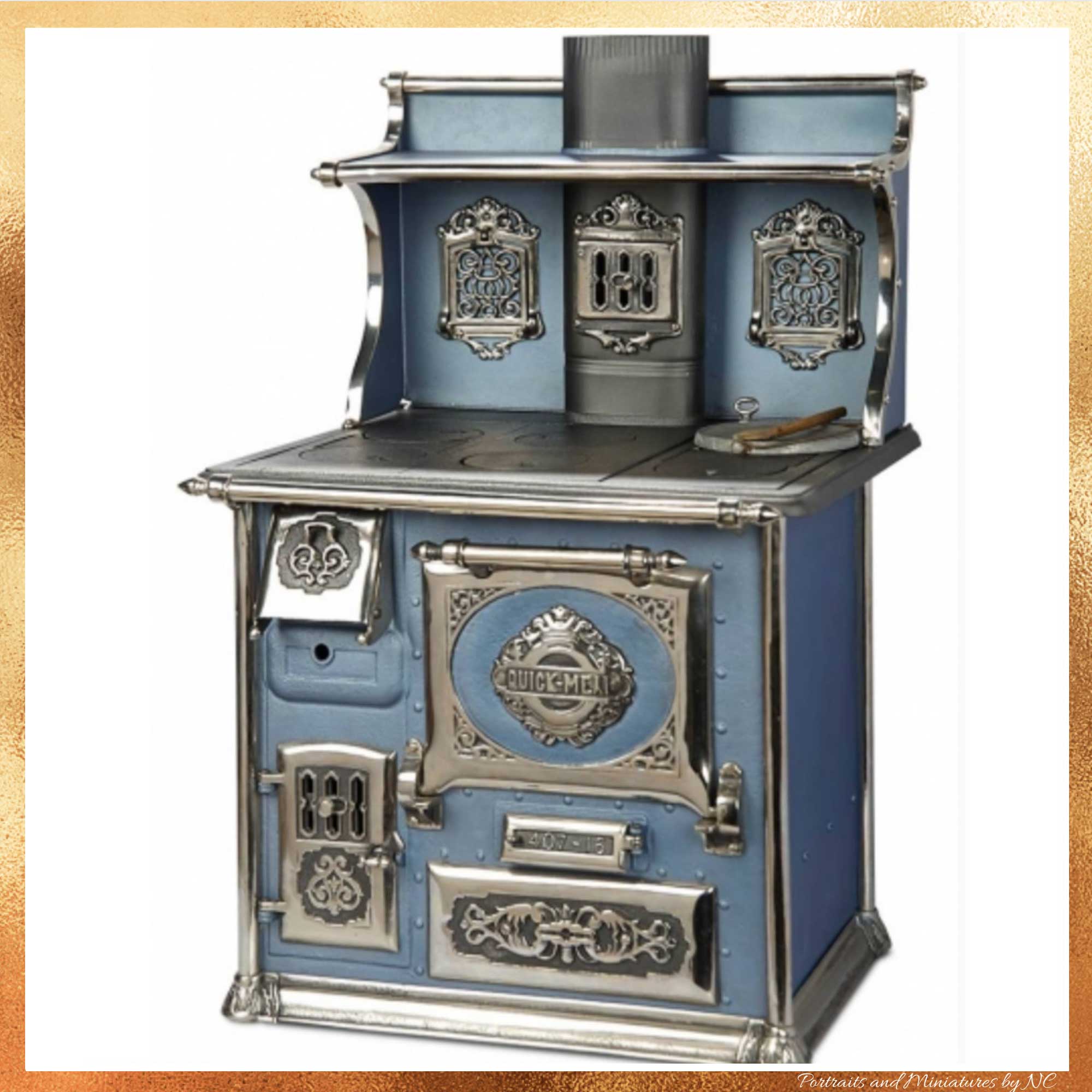 RARE AMERICAN BLUE ENAMEL WARE AND NICKEL STOVE "QUICK MEAL"