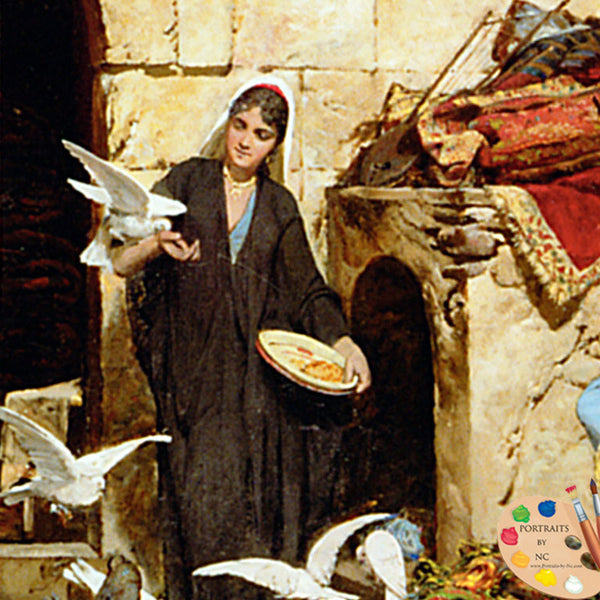 Frau, die Tauben füttert