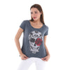 Anthracite Stone Washed Rose Skull Printed Cotton Women Scoop Neck T-shirt