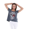 Anthracite Stone Washed Rose Skull Printed Cotton Women Scoop Neck T-shirt