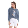 Anthracite Stone Washed Cotton Tatoo Cat PrintWomen Cropped Sweatshirt