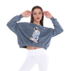 Anthracite Stone Washed Cotton Tatoo Cat PrintWomen Cropped Sweatshirt