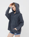 Black Stone Washed Poncho Cut Cotton Women Hoodie