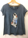 Anthracite Stone Washed Coloured Tattoo Cat Print Women's Top