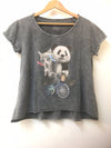 Anthracite Stone Washed Cat & panda on Bike Cool Print Women's Top