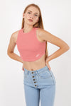 Pastel Pink Stone Washed Solid Rib-Knit Cotton Racer Crop Tank Top