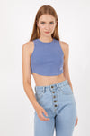 Blue Stone Washed Solid Rib-Knit Cotton Racer Crop Tank Top