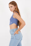 Blue Stone Washed Solid Rib-Knit Cotton Racer Crop Tank Top