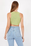 Green Stone Washed Solid Rib-Knit Cotton Racer Crop Tank Top