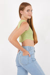 Green Stone Washed Solid Rib-Knit Cotton Racer Crop Tank Top