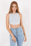 S-Ponder Light Grey Stone Washed Solid Rib-Knit Cotton Racer Crop Tank Top Vest Woman Sponder