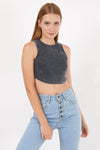 S-Ponder Black Stone Washed Solid Rib-Knit Cotton Racer Crop Tank Top Vest Woman Sponder