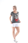 Anthracite Stone Washed Google Cat Animal Printed Cotton Women Scoop Neck T-shirt